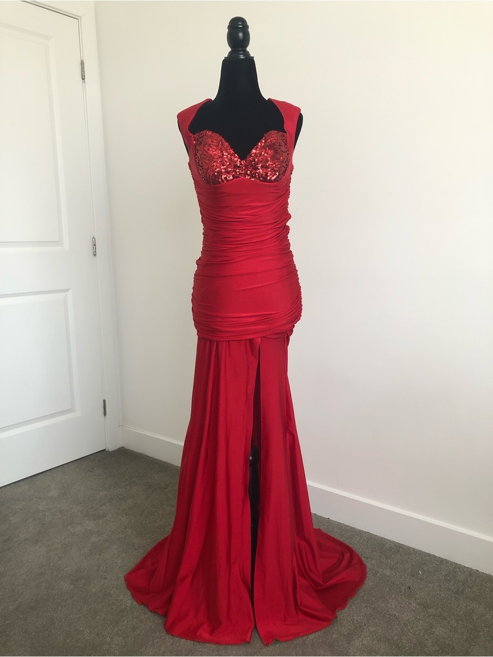 Red Sequin Ruched Evening Gown - Women Dresses